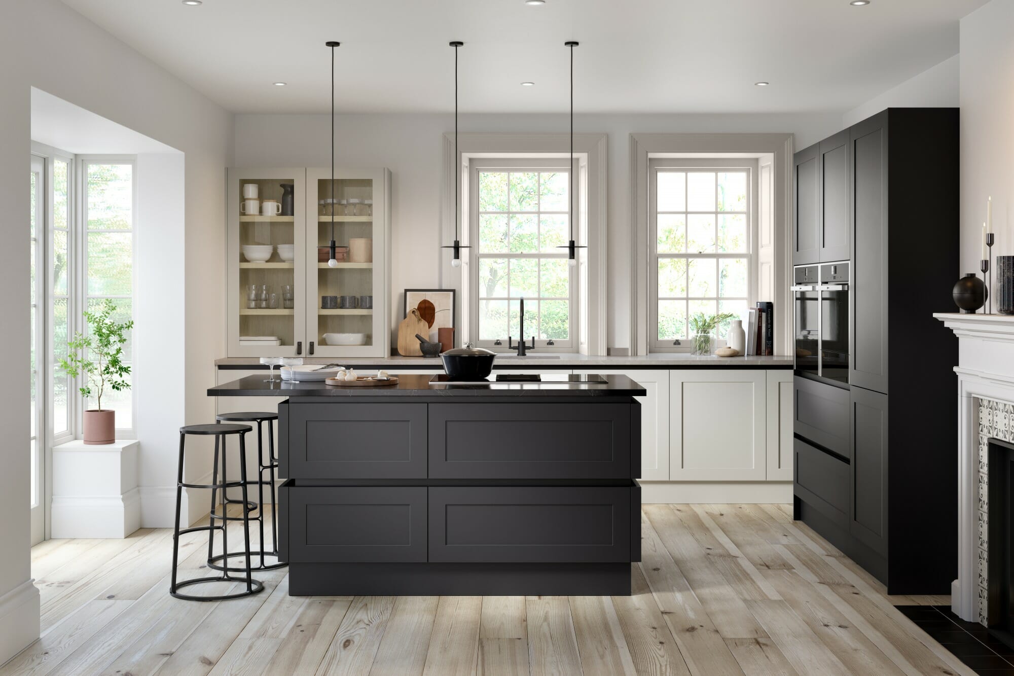 A stylish kitchen with handleless charcoal and dove grey cabinets, an elegant island, and contemporary lighting fixtures.