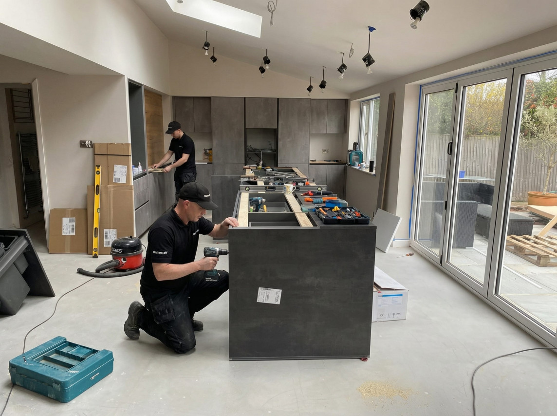 Mastercraft Kitchens installation team assembling a contemporary kitchen island and cabinetry during the fitting of a bespoke fitted kitchen within a modern open plan home.