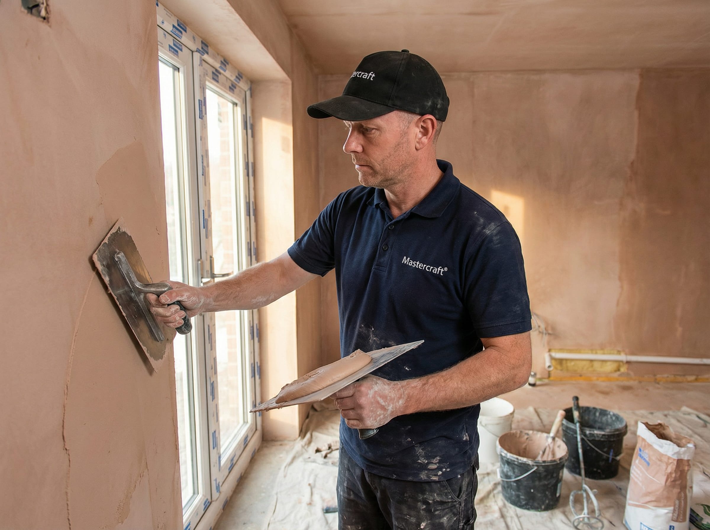 Mastercraft Kitchens tradesman plastering a wall during kitchen renovation works, part of the full building and installation service delivered before fitting a bespoke Mastercraft kitchen.