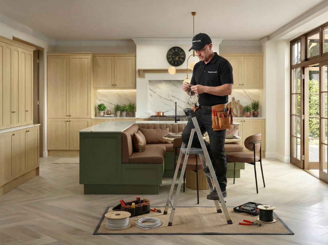 Mastercraft Kitchens electrician installing pendant lighting above a kitchen island within a bespoke fitted kitchen, part of the full design and installation service delivered by the Mastercraft team.