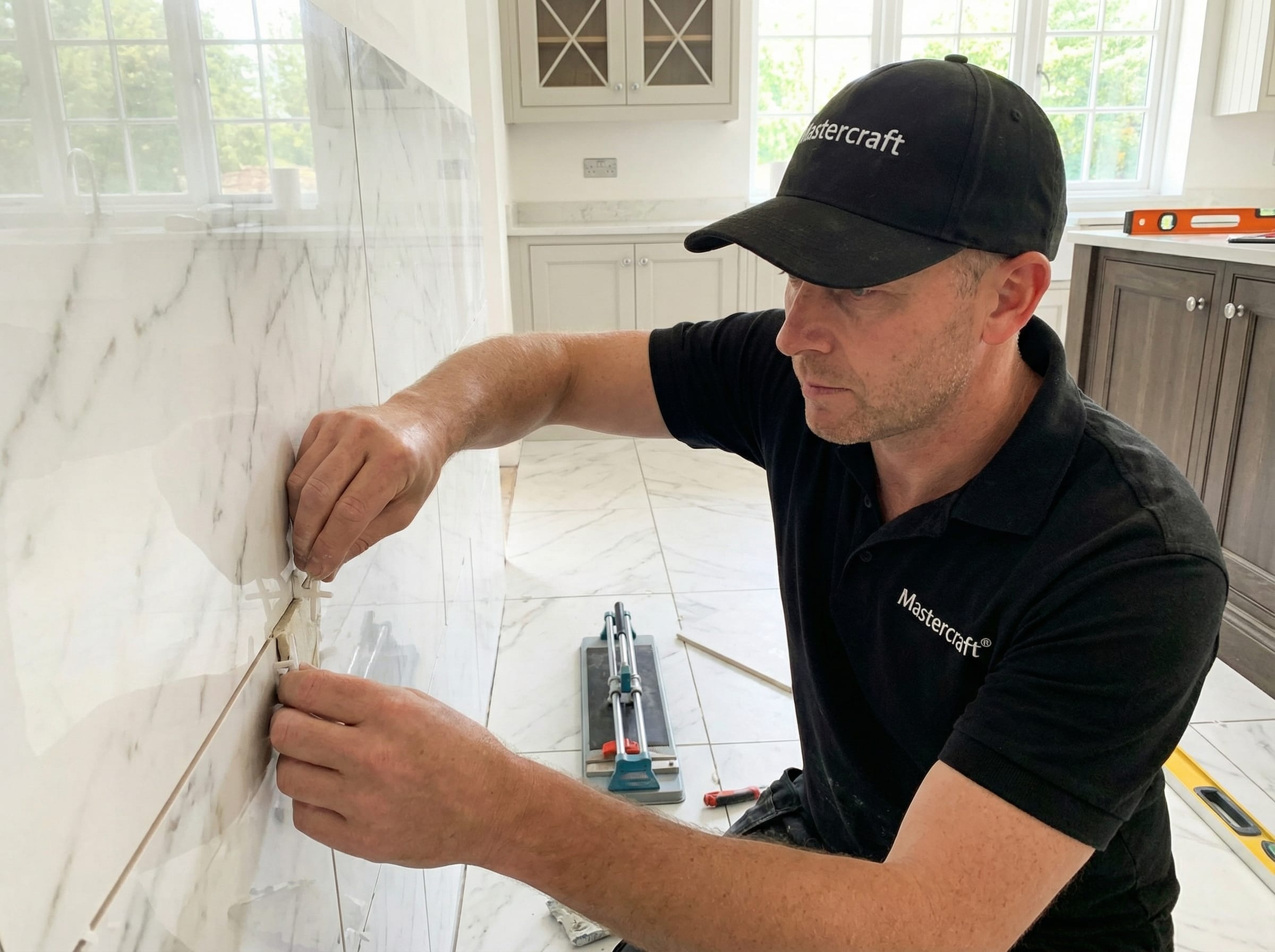 Mastercraft Kitchens installer carefully fitting marble effect wall tiles during the installation of a bespoke fitted kitchen, demonstrating the craftsmanship and attention to detail involved in every Mastercraft project.