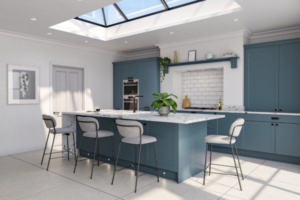 Bespoke Classic Renwick kitchen in Colonial Blue with in-house spray finish, professionally installed with full services including plumbing, electrics, flooring and project management.