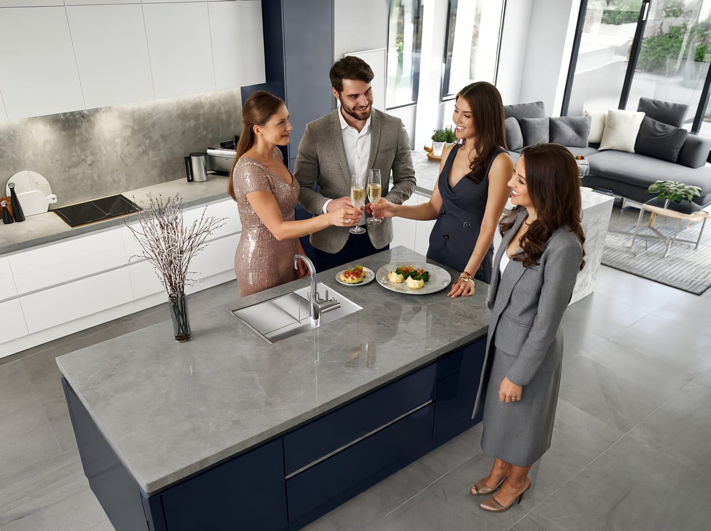 party in the Mastercrat kitchen Mastercraft customer's enjoying their new kitchen and celebrating with the Mastercraft kitchen designer.