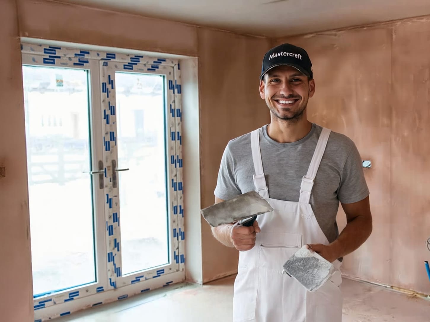 A Mastercraft plasterer posing in the newly plastered kitchen