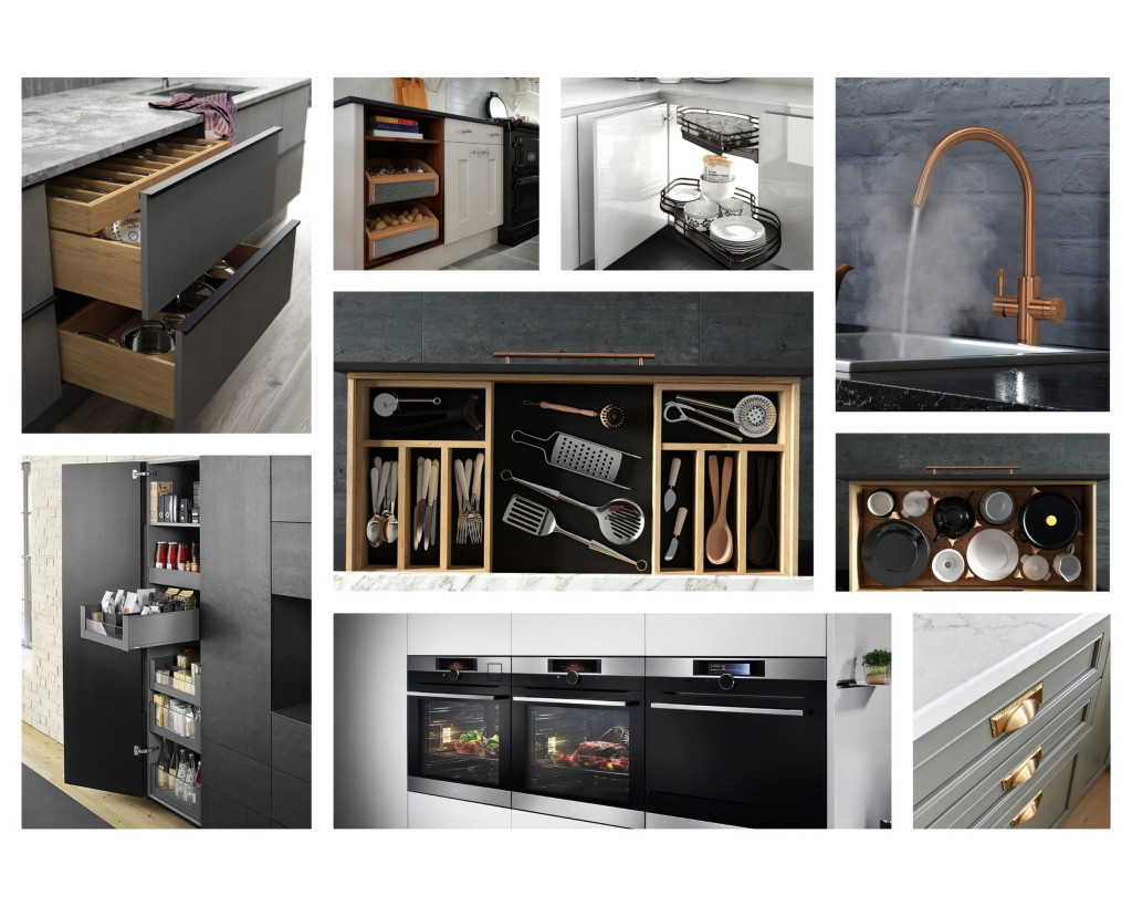 Collage of premium kitchen accessories and storage solutions available from the Mastercraft Kitchens online store, including soft-close drawers, utensil organisers, integrated spice racks, corner pull-out units, boiling water taps, modern appliances, and handcrafted cutlery inserts — designed for bespoke kitchens.