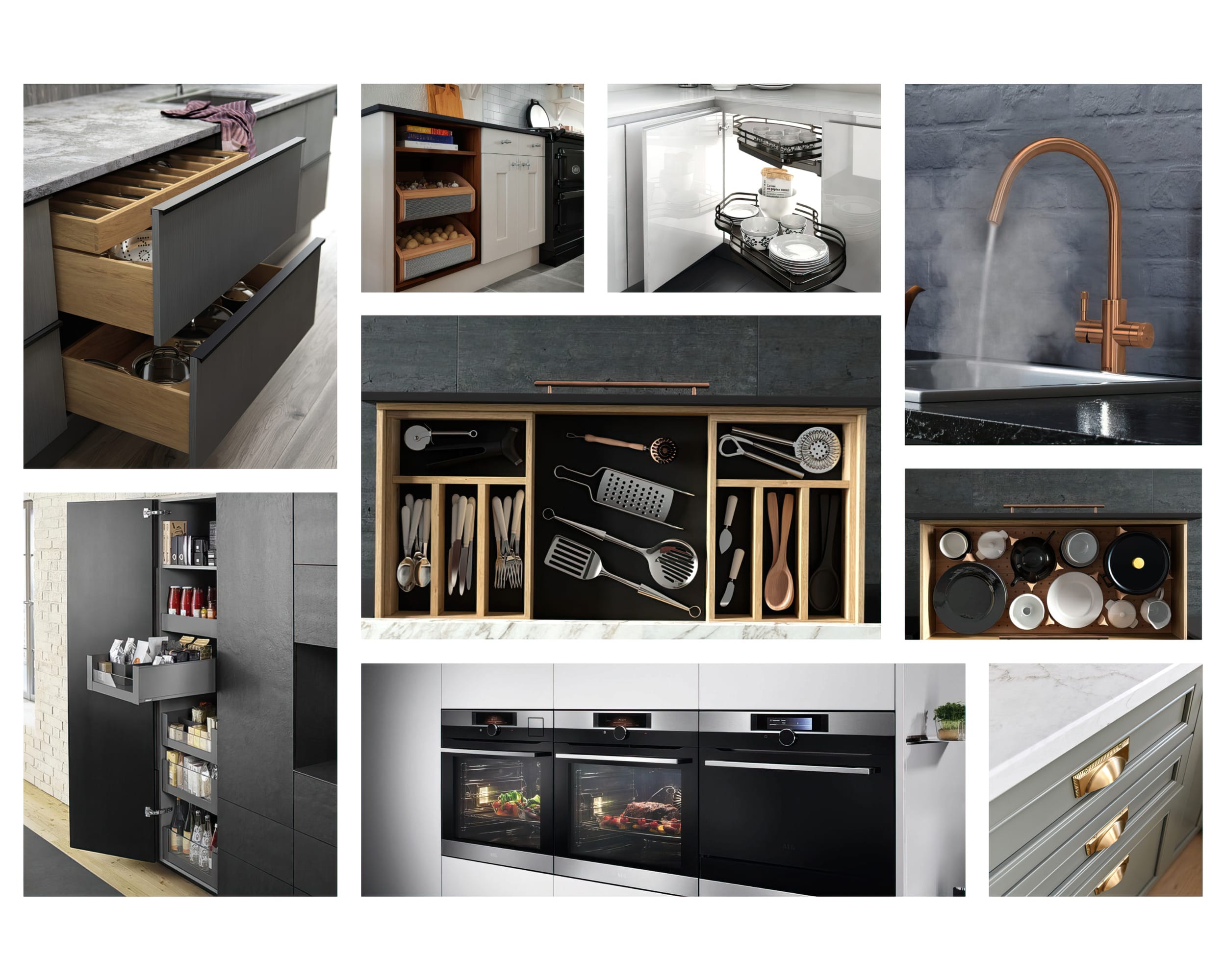 Collage of premium kitchen accessories and storage solutions available from the Mastercraft Kitchens online store, including soft-close drawers, utensil organisers, integrated spice racks, corner pull-out units, boiling water taps, modern appliances, and handcrafted cutlery inserts — designed for bespoke kitchens.