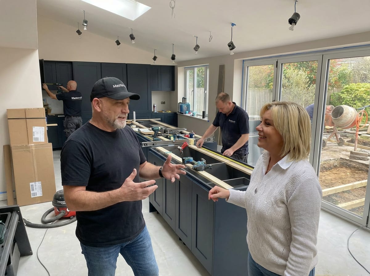 A Mastercraft kitchen under construction with Steven talking to the customer