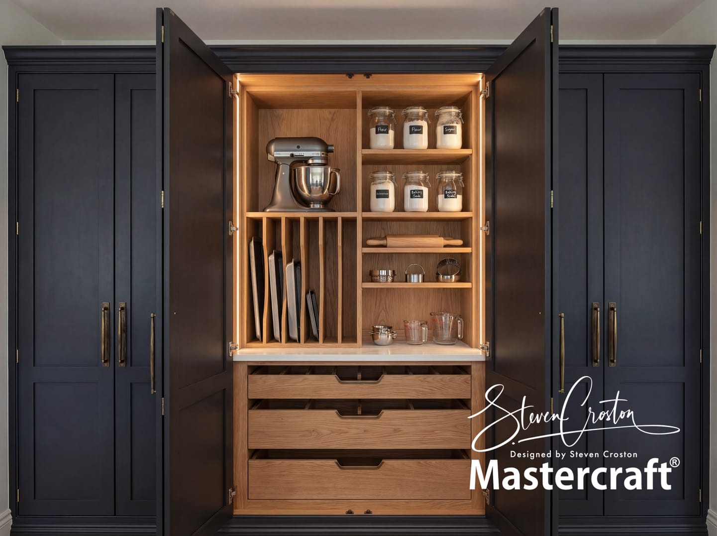 Bespoke Mastercraft kitchen cabinetry, nano banana pro keeping the image the same with the same camera view and same cupboard exterior j 1, handcrafted fitted kitchen design