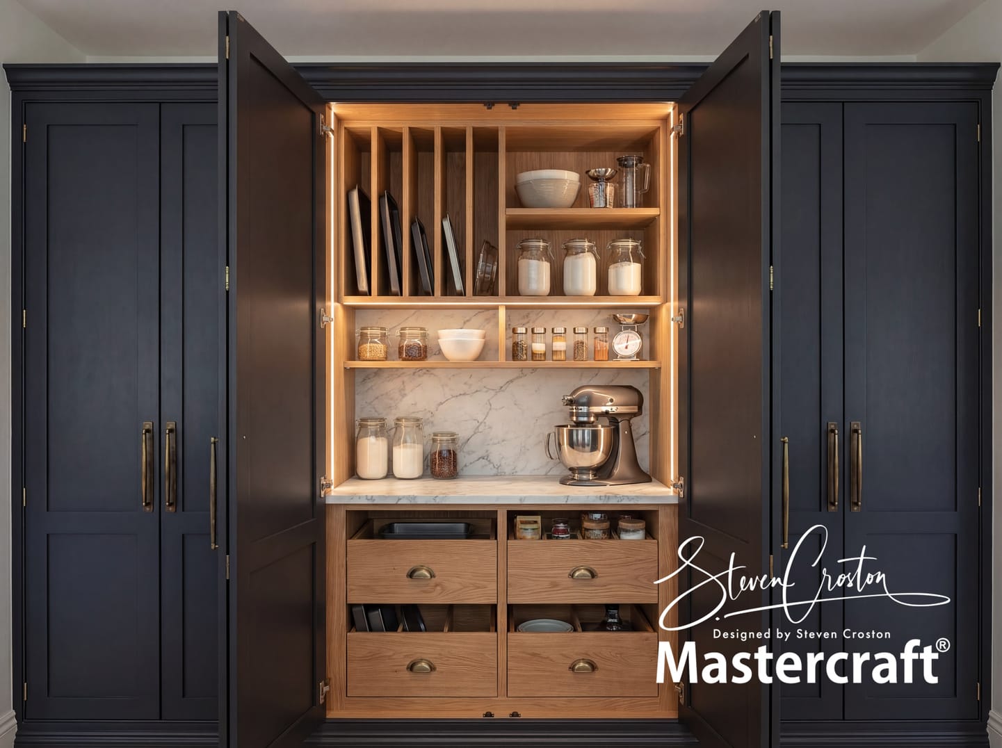 Nano_Banana_Pro_keeping_the_image_the_same_with_the_same_camera_view_and_same_cupboard_exterior_j_2 Dark blue Mastercraft kitchen larder with oak shelves, marble back, and glass jars