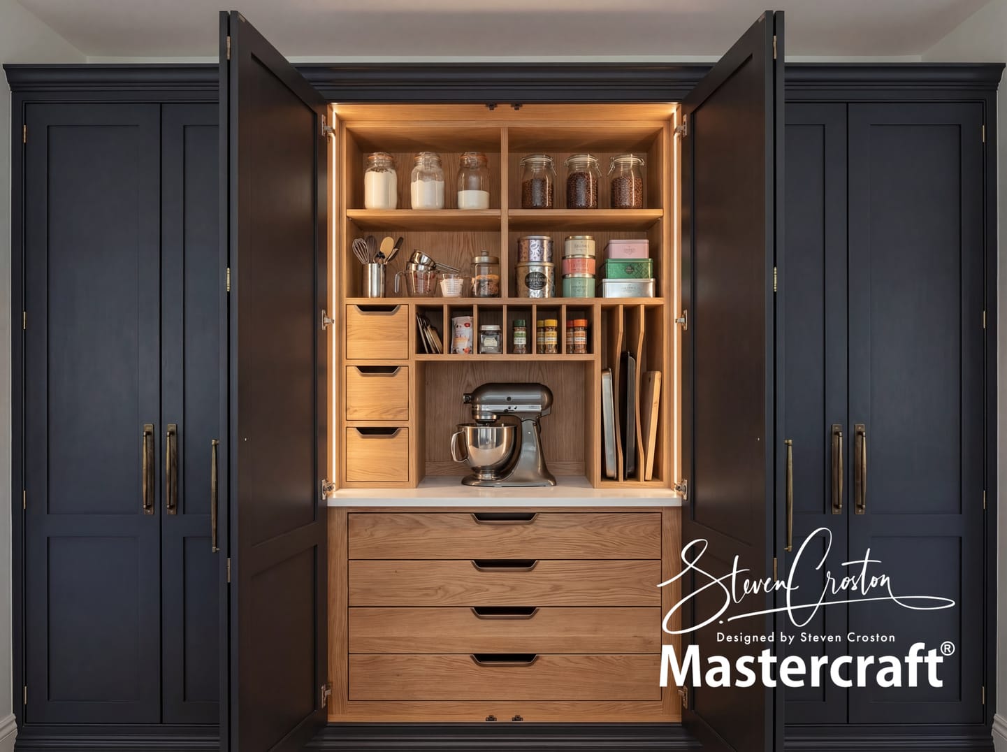 Bespoke Mastercraft kitchen cabinetry, nano banana pro keeping the image the same with the same camera view and same cupboard exterior j 3, handcrafted fitted kitchen design