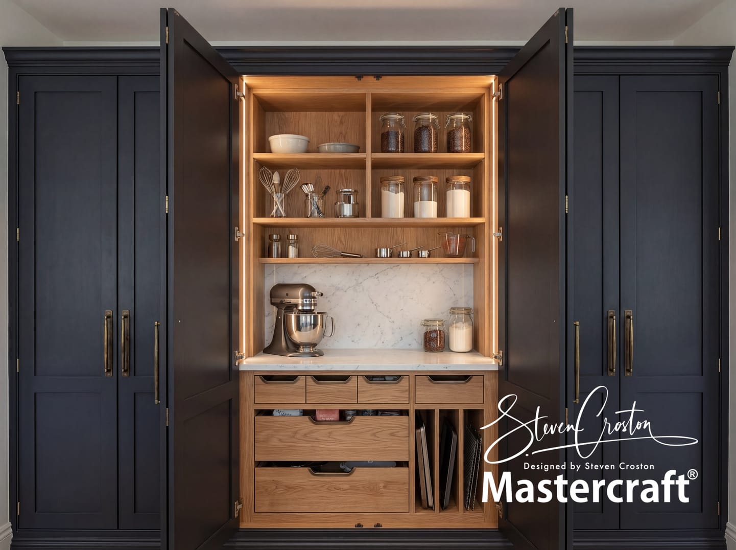 Bespoke Mastercraft kitchen cabinetry, nano banana pro keeping the image the same with the same camera view and same cupboard exterior j 4, handcrafted fitted kitchen design