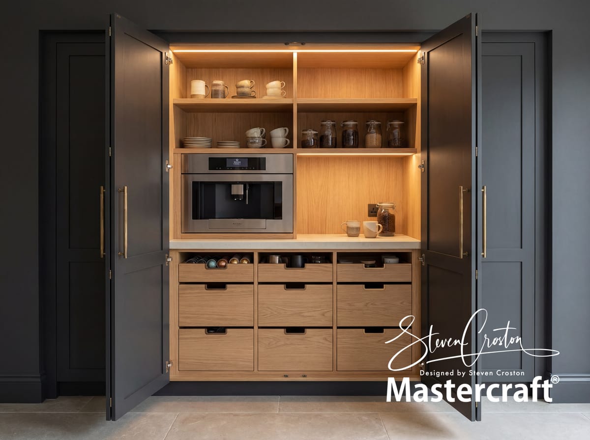 coffee pantry wide Bespoke Mastercraft kitchen cabinetry, coffee pantry wide 2, handcrafted fitted kitchen design