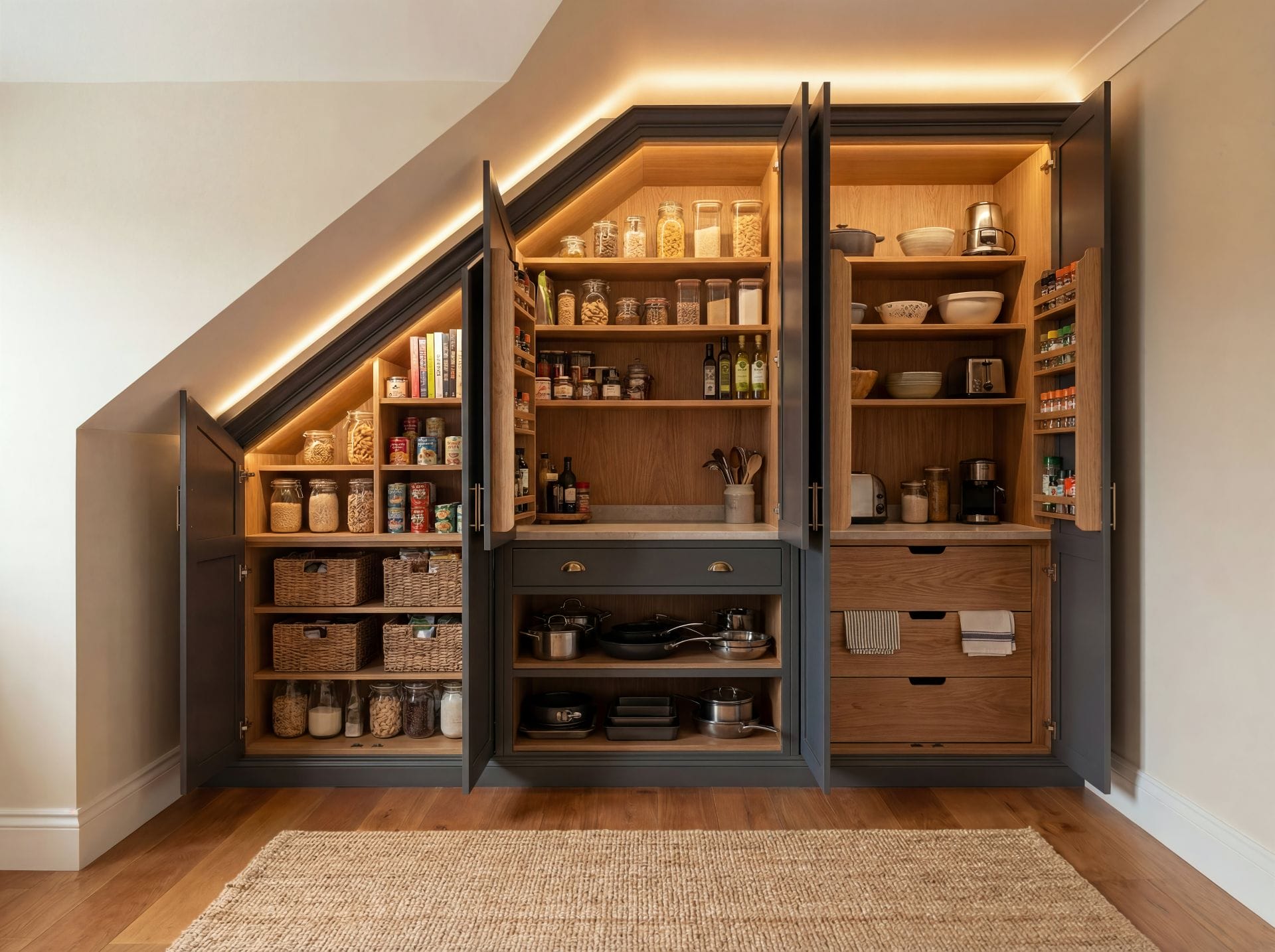 compressed-magnific--topaz-sharpen dark wood pantry with open doors, glass jars, baskets and warm strip lighting