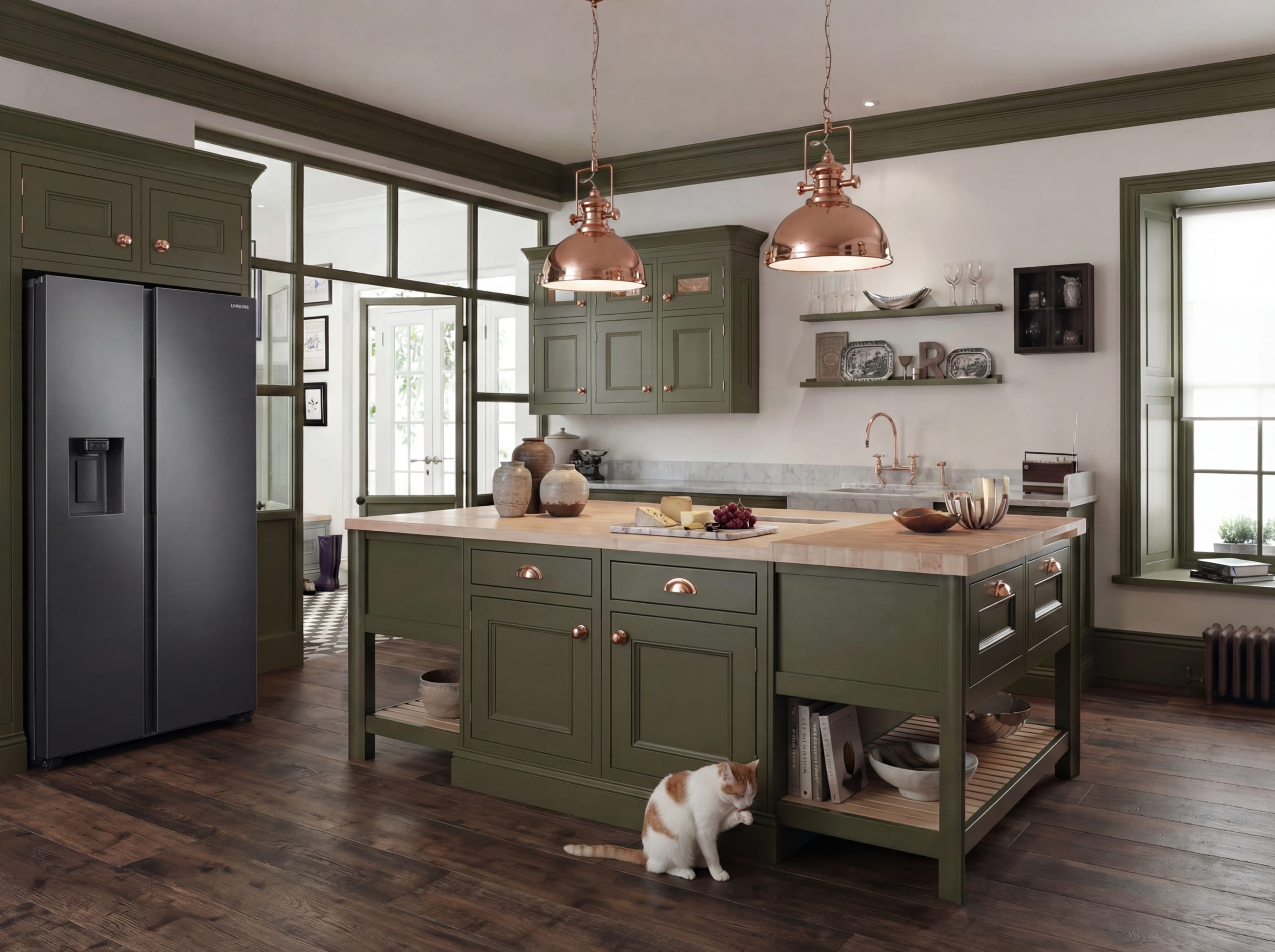 Mastercraft classic in-frame kitchen painted in Farrow and Ball Bancha, featuring handcrafted framed cabinetry, central island with solid timber worktop, copper pendant lighting, and Karndean Salvaged Barnwood flooring.