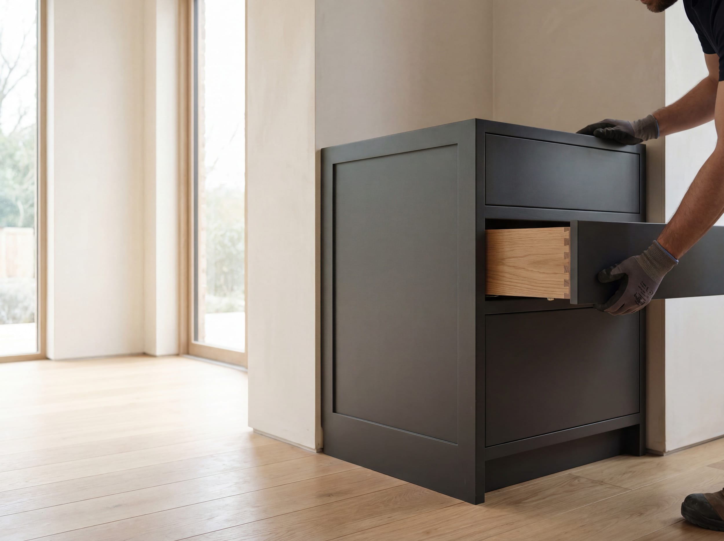 made for your space-topaz-sharpen matte black unit with open wooden drawer on light wood flooring