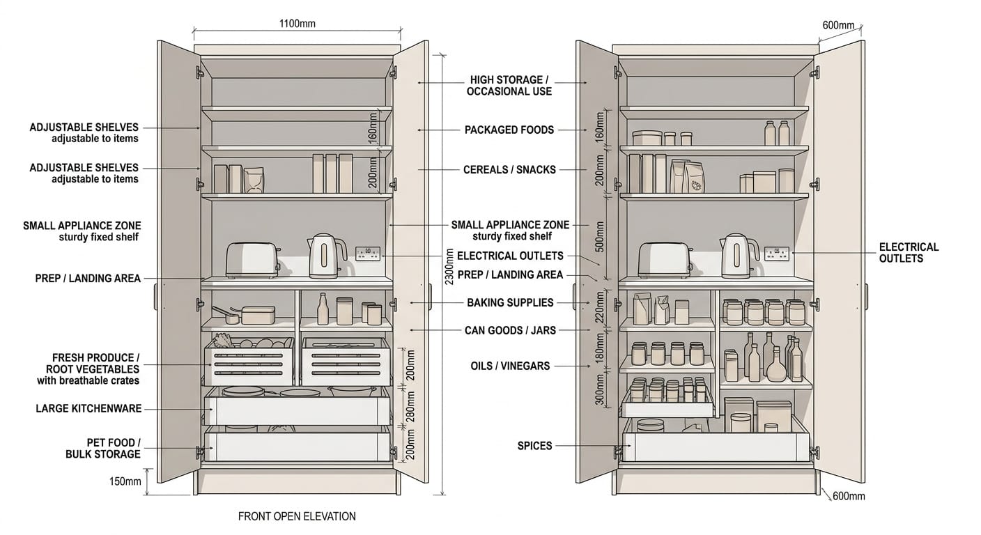illustrated pantry layout with labelled shelves, drawers and light beige colour scheme