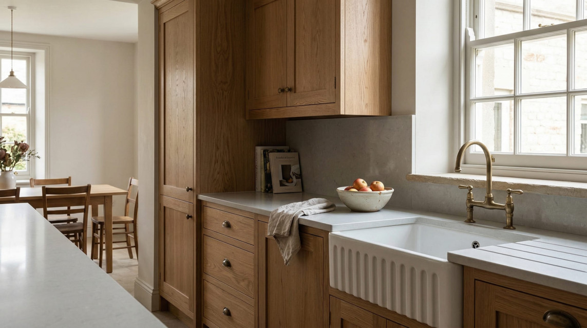 Oak kitchen units with white worktops and ceramic sink beneath sash window