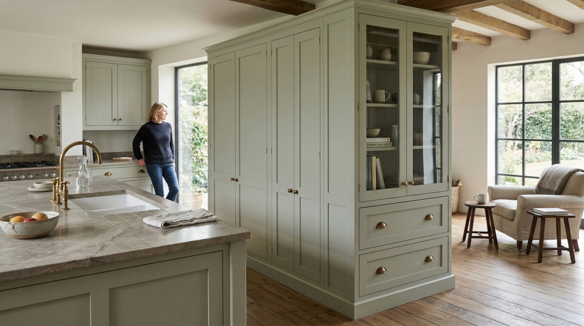 Wide view of a Mastercraft-style bespoke kitchen with painted lay-on shaker cabinetry, sage green tones and premium interior detailing inspired by Using your kitchen to divide a space without closing it off