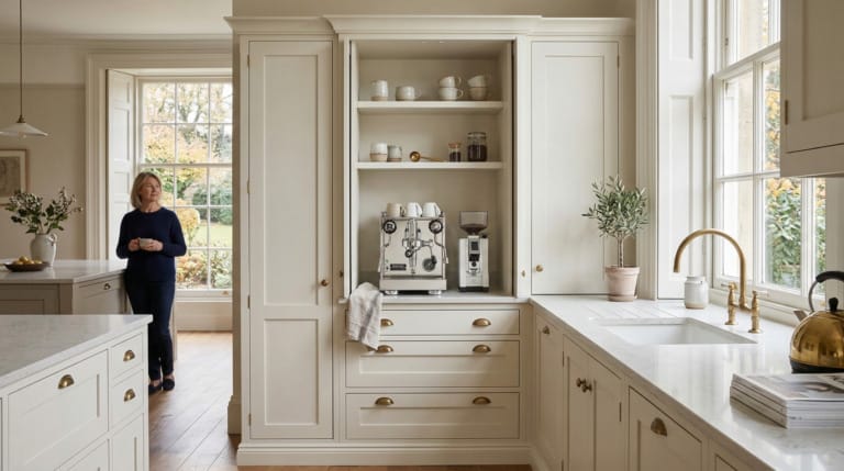 Wide view of a Mastercraft-inspired bespoke kitchen with painted lay-on shaker cabinetry, warm off white tones and refined interior detailing, created to illustrate Planning a coffee station into your kitchen design