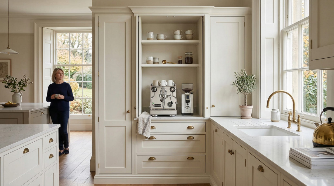 Wide view of a Mastercraft-inspired bespoke kitchen with painted lay-on shaker cabinetry, warm off white tones and refined interior detailing, created to illustrate Planning a coffee station into your kitchen design