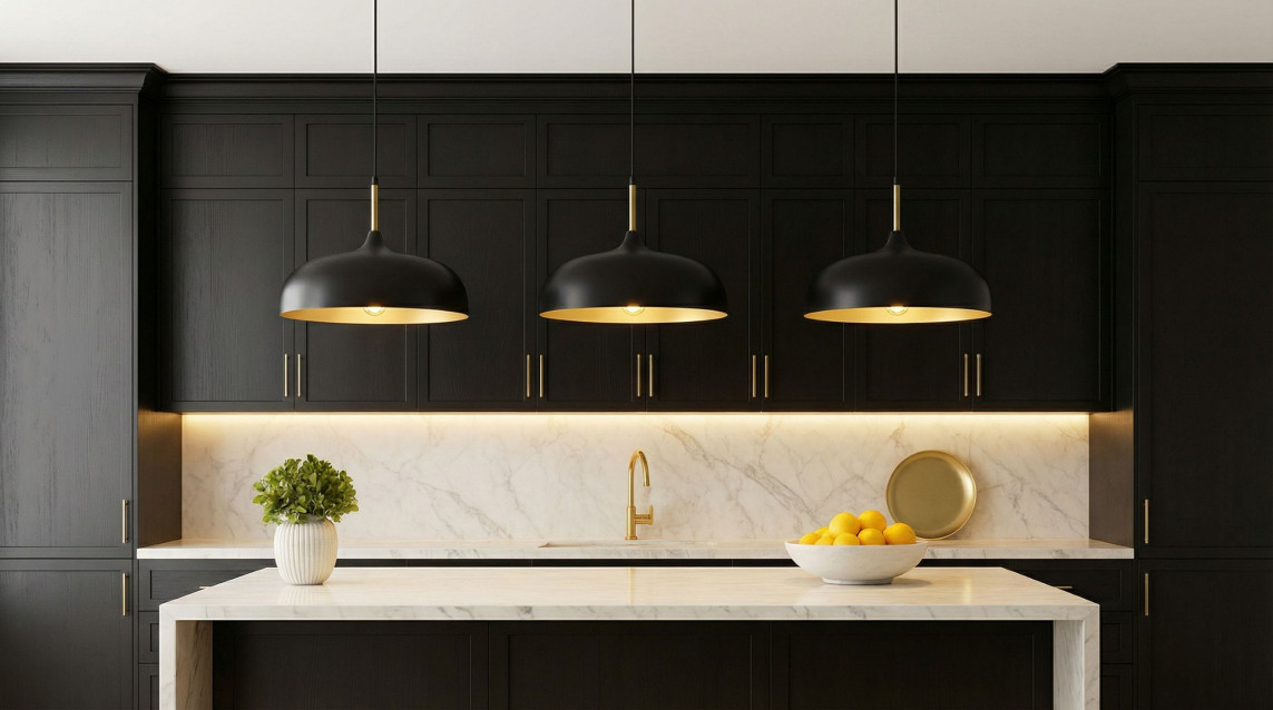 Wide view of a Mastercraft-inspired bespoke kitchen with matt painted slim shaker-door cabinetry, charcoal tones, calacatta quartz worktops and splashback and refined interior detailing, created to illustrate Kitchen lighting mistakes that are harder to fix than you think
