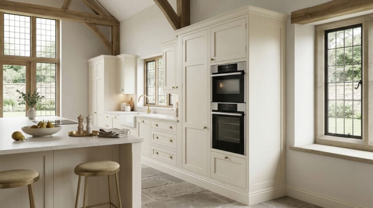 Wide view of a Mastercraft-inspired bespoke kitchen with painted in-frame cabinetry, painted cream tones and refined interior detailing, created to illustrate Combination appliances: are they worth planning your kitchen around?