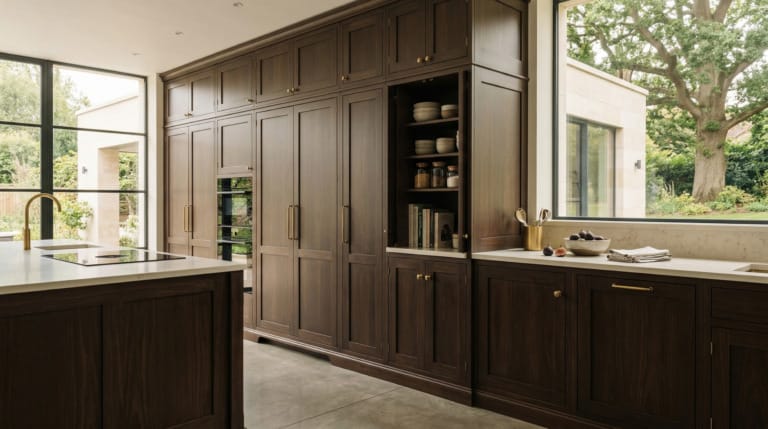 Wide view of a Mastercraft-inspired bespoke kitchen with painted lay-on shaker cabinetry, dark walnut tones and refined interior detailing, created to illustrate How to get serious storage from a small kitchen