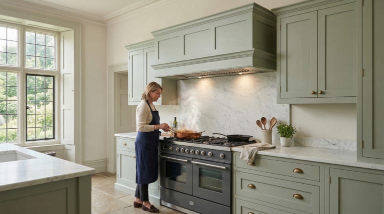 Wide view of a Mastercraft-inspired bespoke kitchen with painted lay-on shaker cabinetry, sage green tones and refined interior detailing, created to illustrate Designing a kitchen that works properly when you love to cook