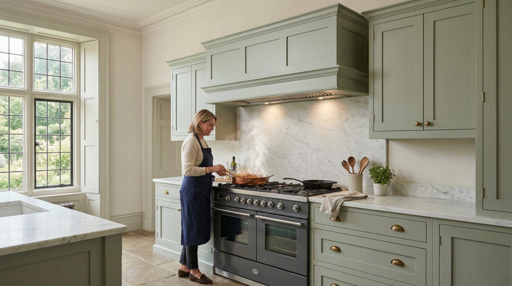 Wide view of a Mastercraft-inspired bespoke kitchen with painted lay-on shaker cabinetry, sage green tones and refined interior detailing, created to illustrate Designing a kitchen that works properly when you love to cook