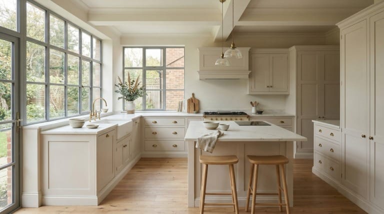 Cream Mastercraft kitchen with marble island, brass handles and large grid windows