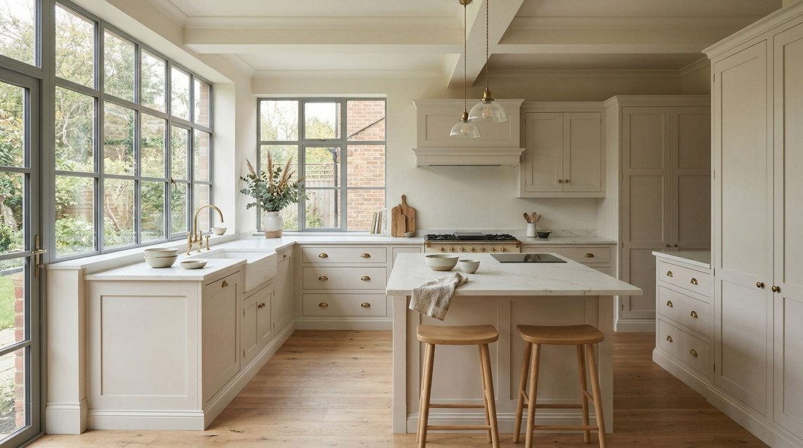 Cream Mastercraft kitchen with marble island, brass handles and large grid windows