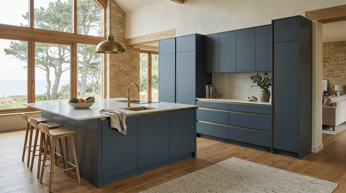 Blue kitchen units with brass handles and large windows overlooking trees