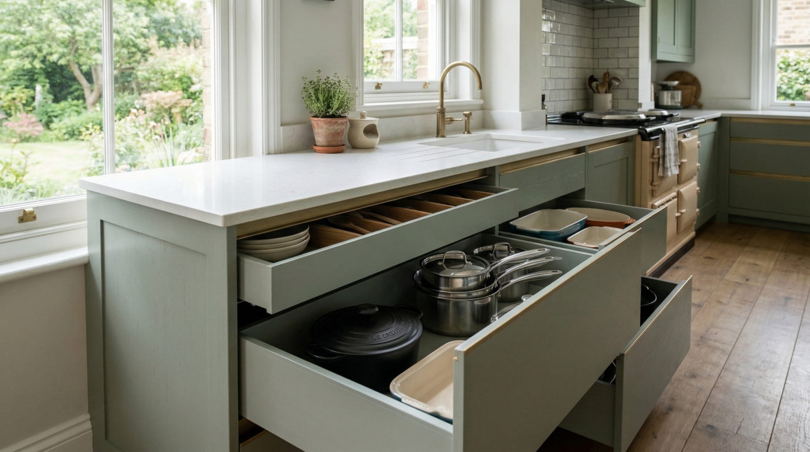 sage green kitchen drawers open with organised pans and plates