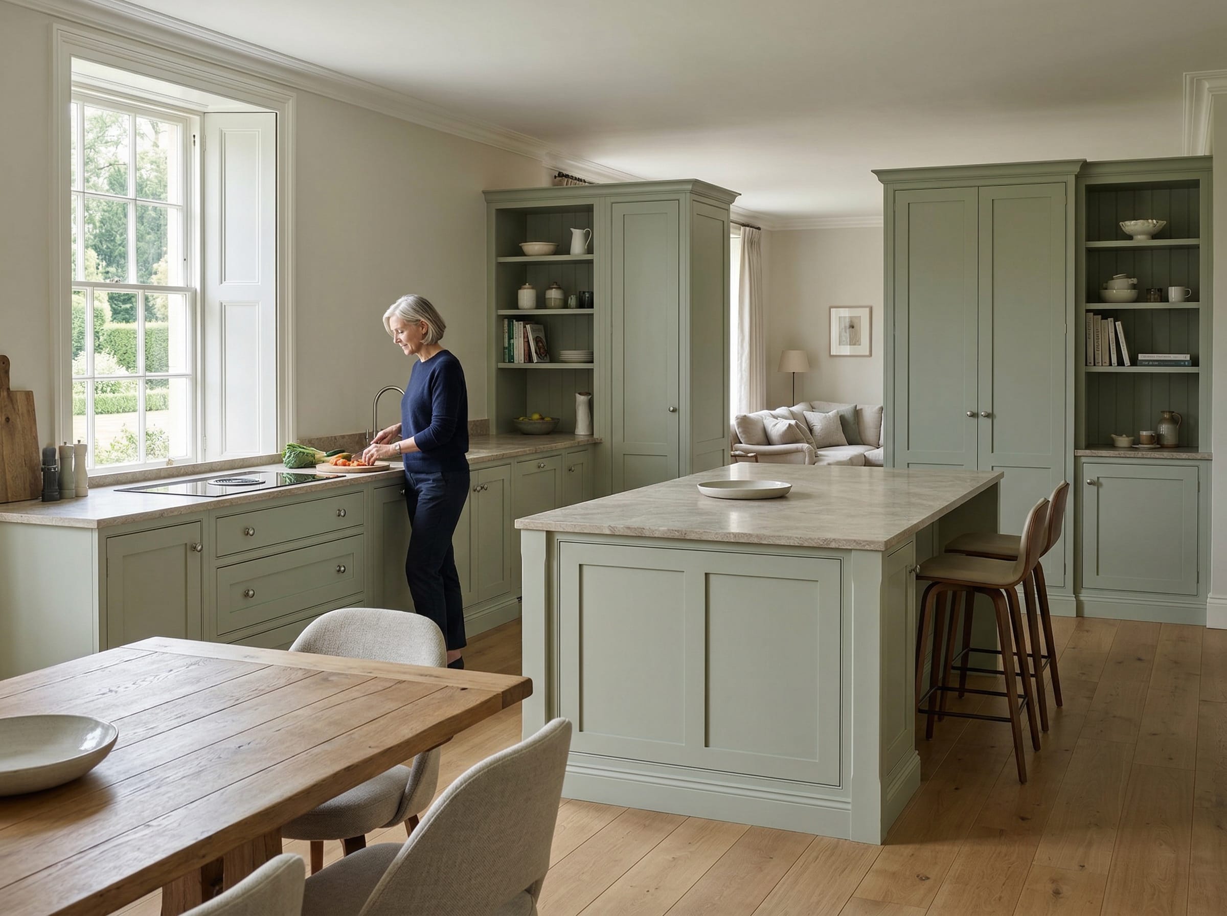 Lifestyle kitchen scene with painted lay-on shaker cabinetry, considered materials and a calm British interior mood inspired by Using your kitchen to divide a space without closing it off