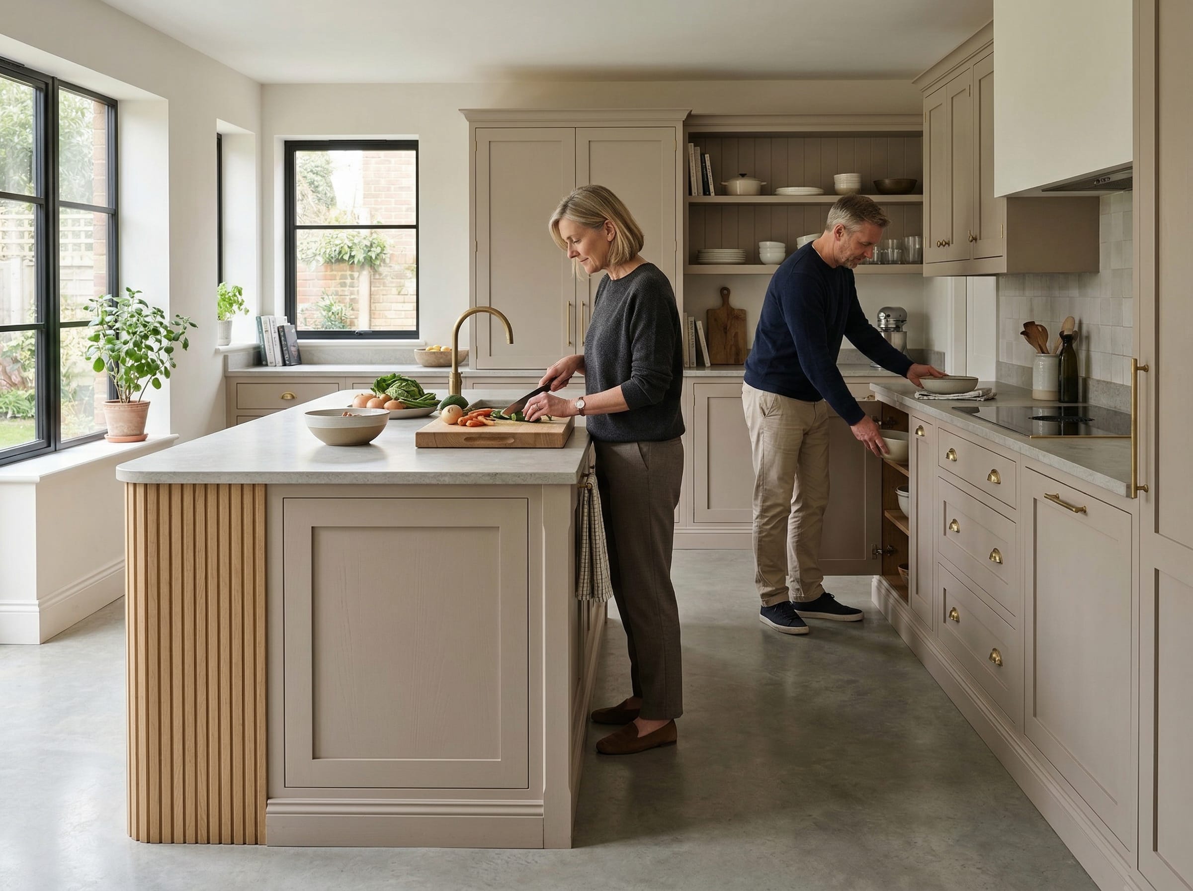 Lifestyle kitchen scene with painted lay-on shaker cabinetry, considered materials and a calm British interior mood, created to illustrate What makes a kitchen island work - and what makes it fall flat