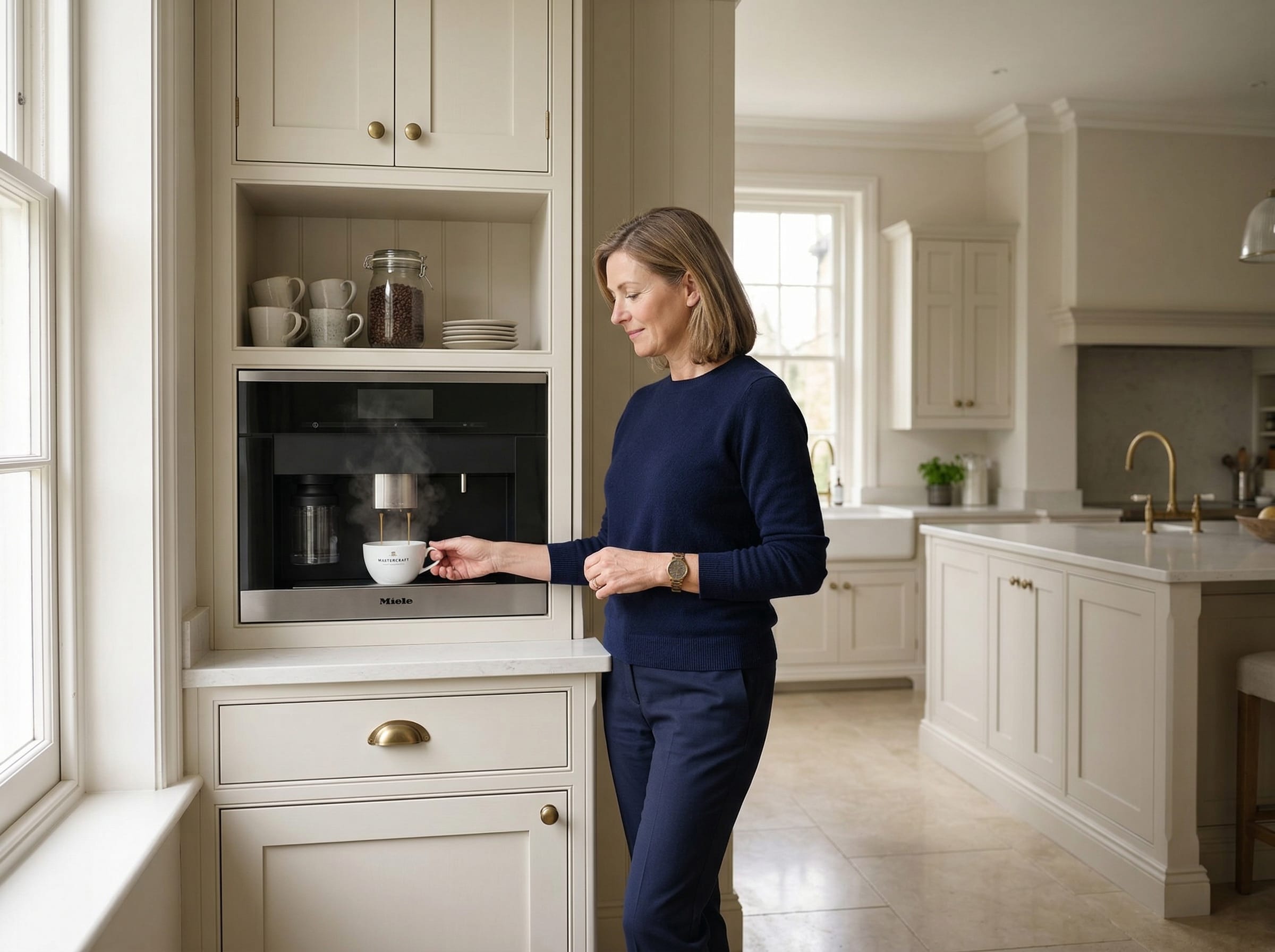 Lifestyle kitchen scene with painted lay-on shaker cabinetry, considered materials and a calm British interior mood, created to illustrate Planning a coffee station into your kitchen design