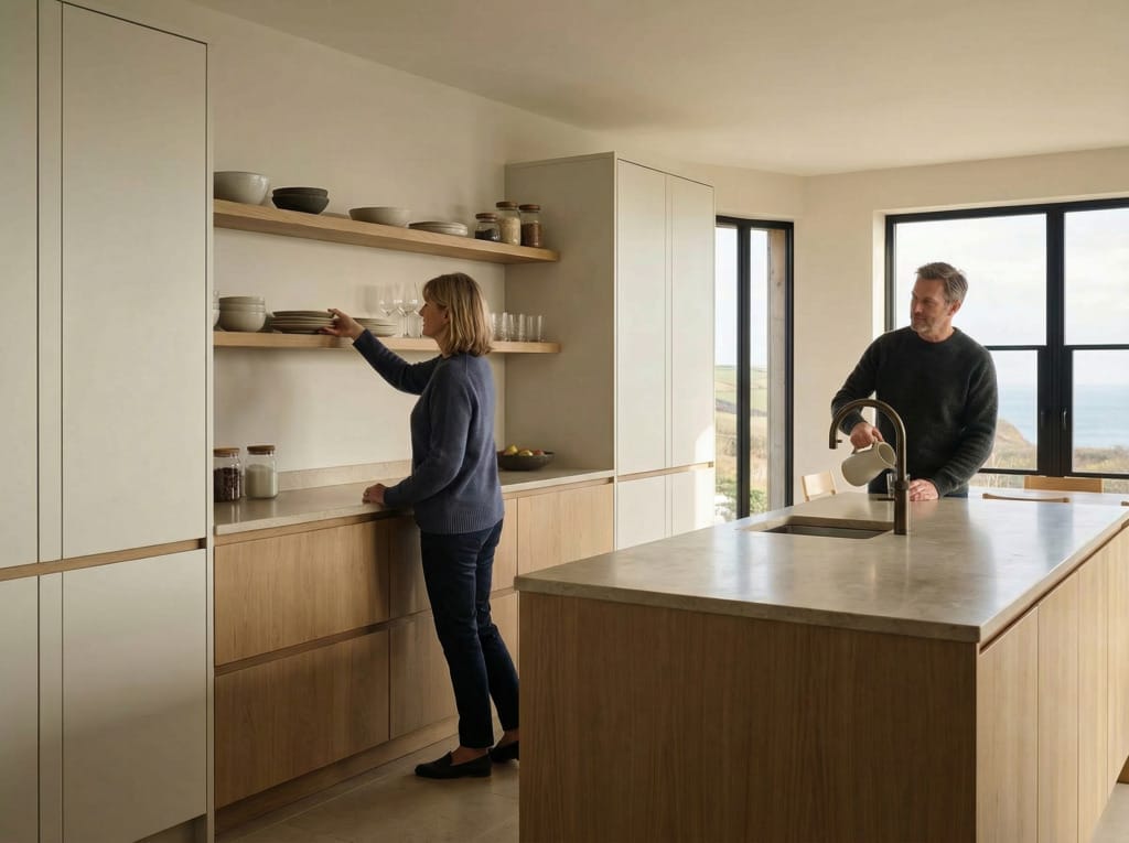 Lifestyle kitchen scene with matt painted slab-door cabinetry, considered materials and a calm British interior mood, created to illustrate When open shelving works in a kitchen, and when it doesn't