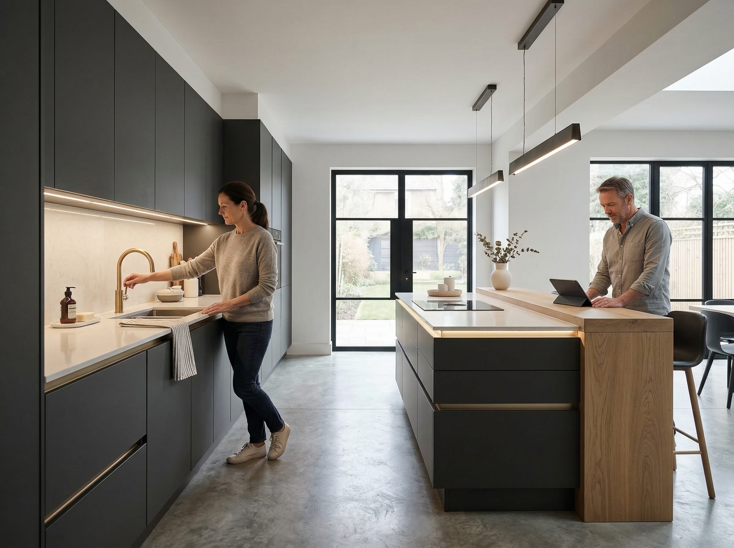 Lifestyle kitchen scene with matt painted slab-door cabinetry, considered materials and a calm British interior mood, created to illustrate Kitchen lighting mistakes that are harder to fix than you think