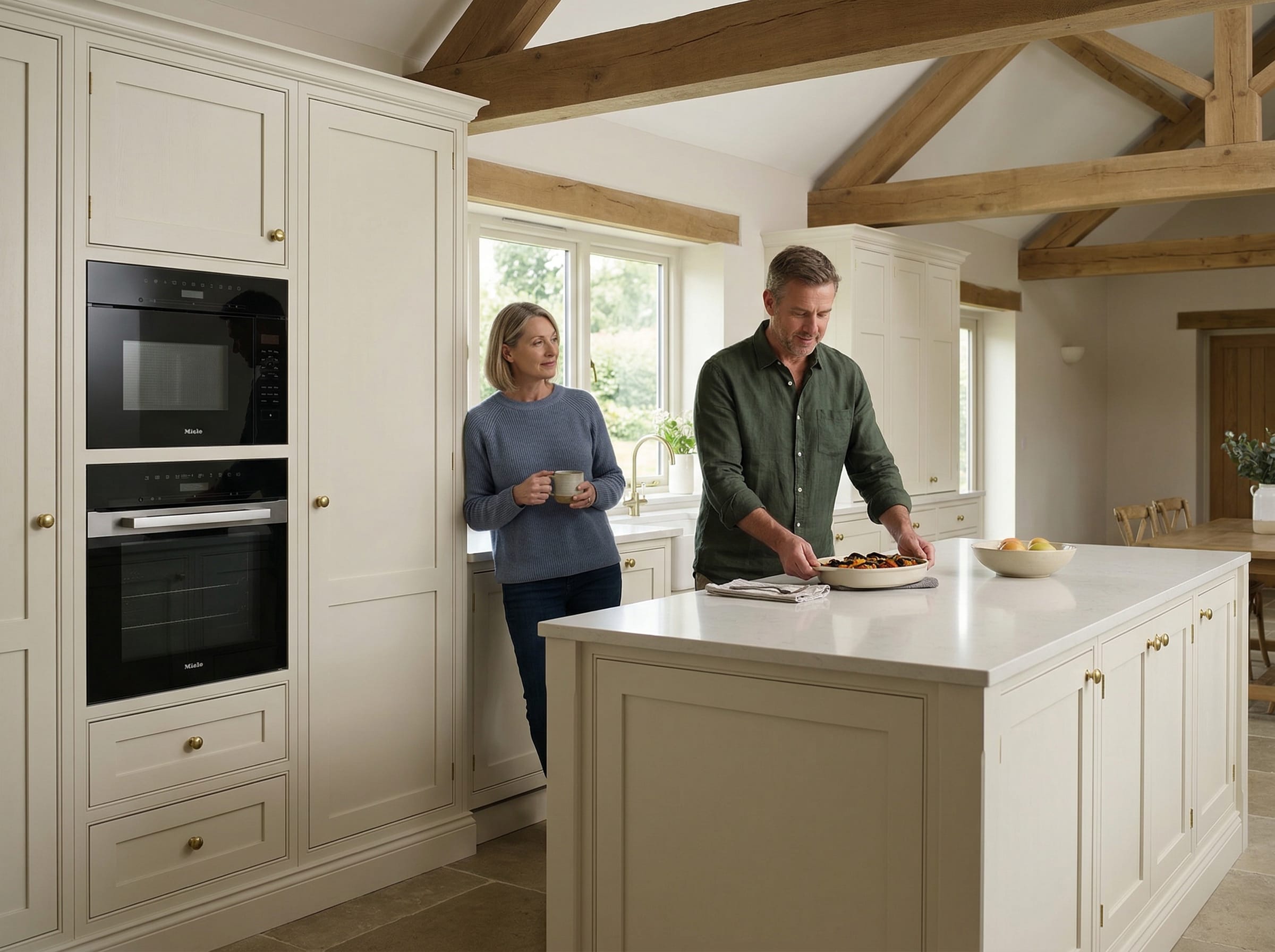Lifestyle kitchen scene with painted in-frame cabinetry, considered materials and a calm British interior mood, created to illustrate Combination appliances: are they worth planning your kitchen around?