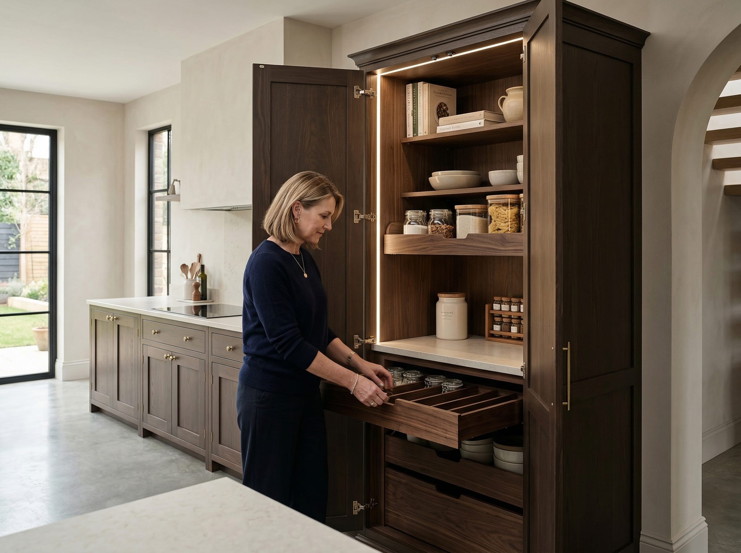 Lifestyle kitchen scene with painted lay-on shaker cabinetry, considered materials and a calm British interior mood, created to illustrate How to get serious storage from a small kitchen