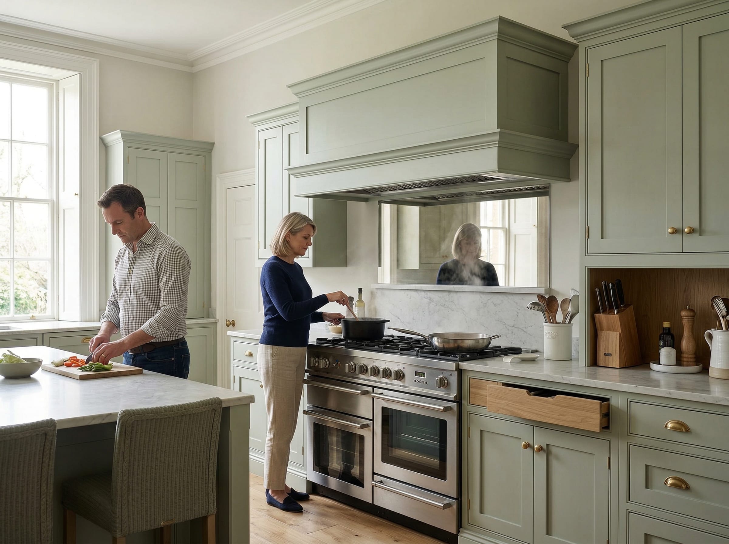 Lifestyle kitchen scene with painted lay-on shaker cabinetry, considered materials and a calm British interior mood, created to illustrate Designing a kitchen that works properly when you love to cook