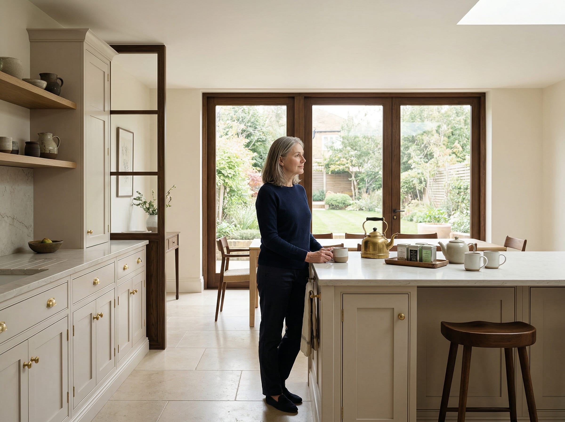Lifestyle kitchen scene with painted in-frame cabinetry, considered materials and a calm British interior mood, created to illustrate Making the most of a small kitchen extension