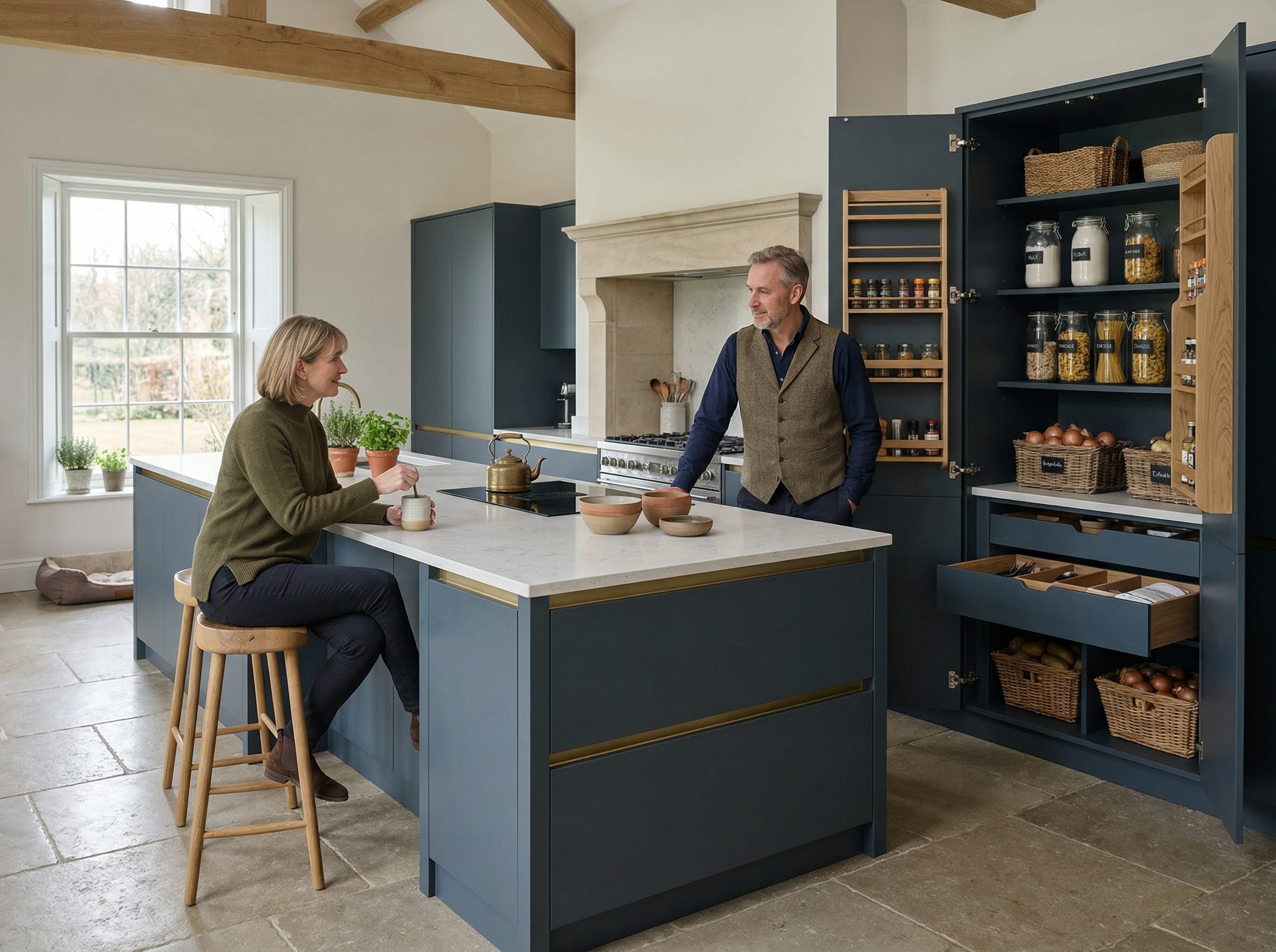Lifestyle kitchen scene with matt painted true handleless slab-door cabinetry, considered materials and a calm British interior mood, created to illustrate Cabinet choices worth thinking about for your next kitchen