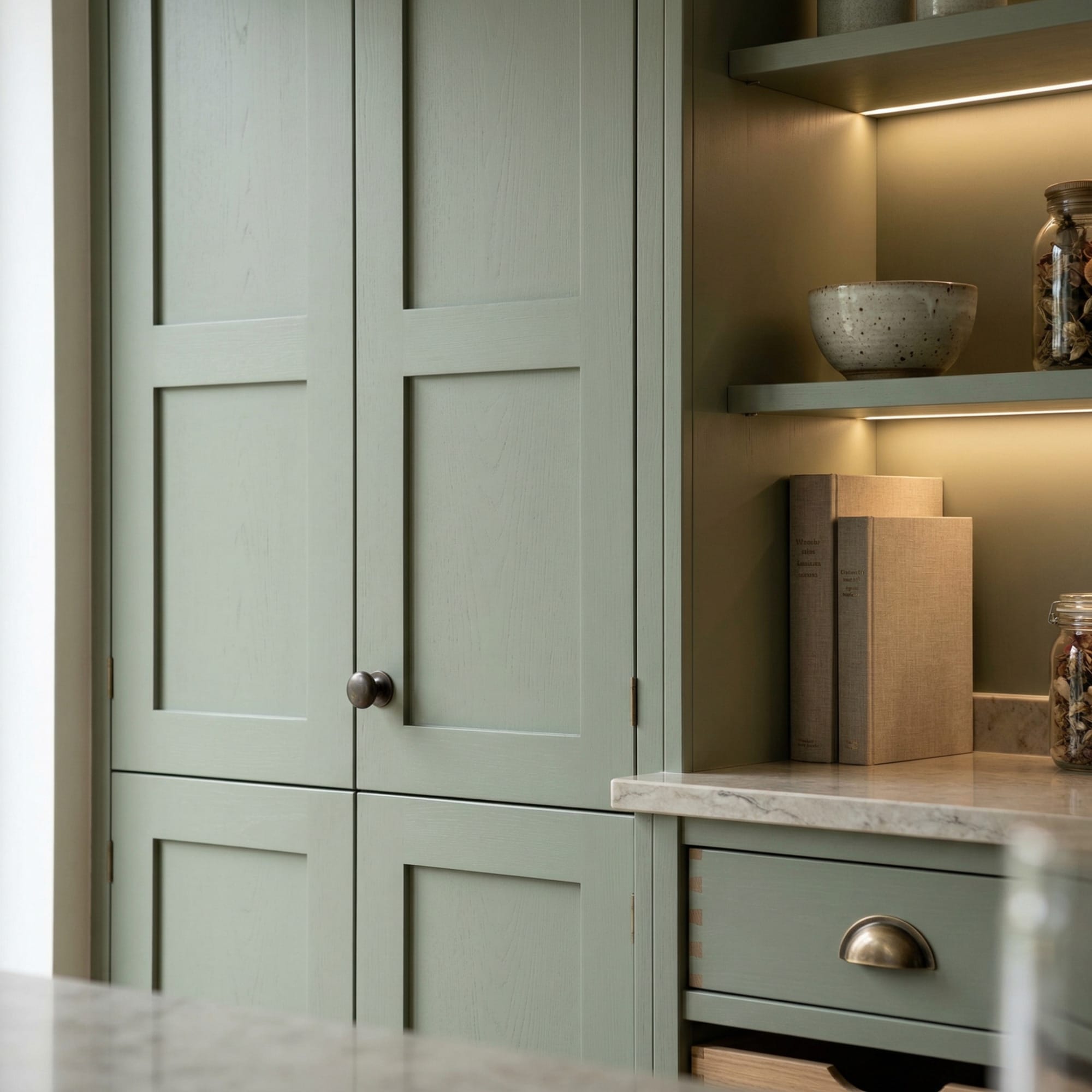 Close-up detail of painted lay-on shaker cabinetry, crafted joinery and tactile finishes in a bespoke kitchen inspired by Using your kitchen to divide a space without closing it off