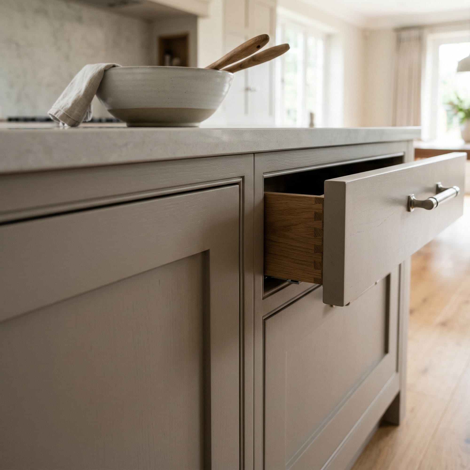 Close-up kitchen detail showing crafted cabinetry, premium finishes and design-led joinery in a Mastercraft-inspired interior created to illustrate What makes a kitchen island work - and what makes it fall flat