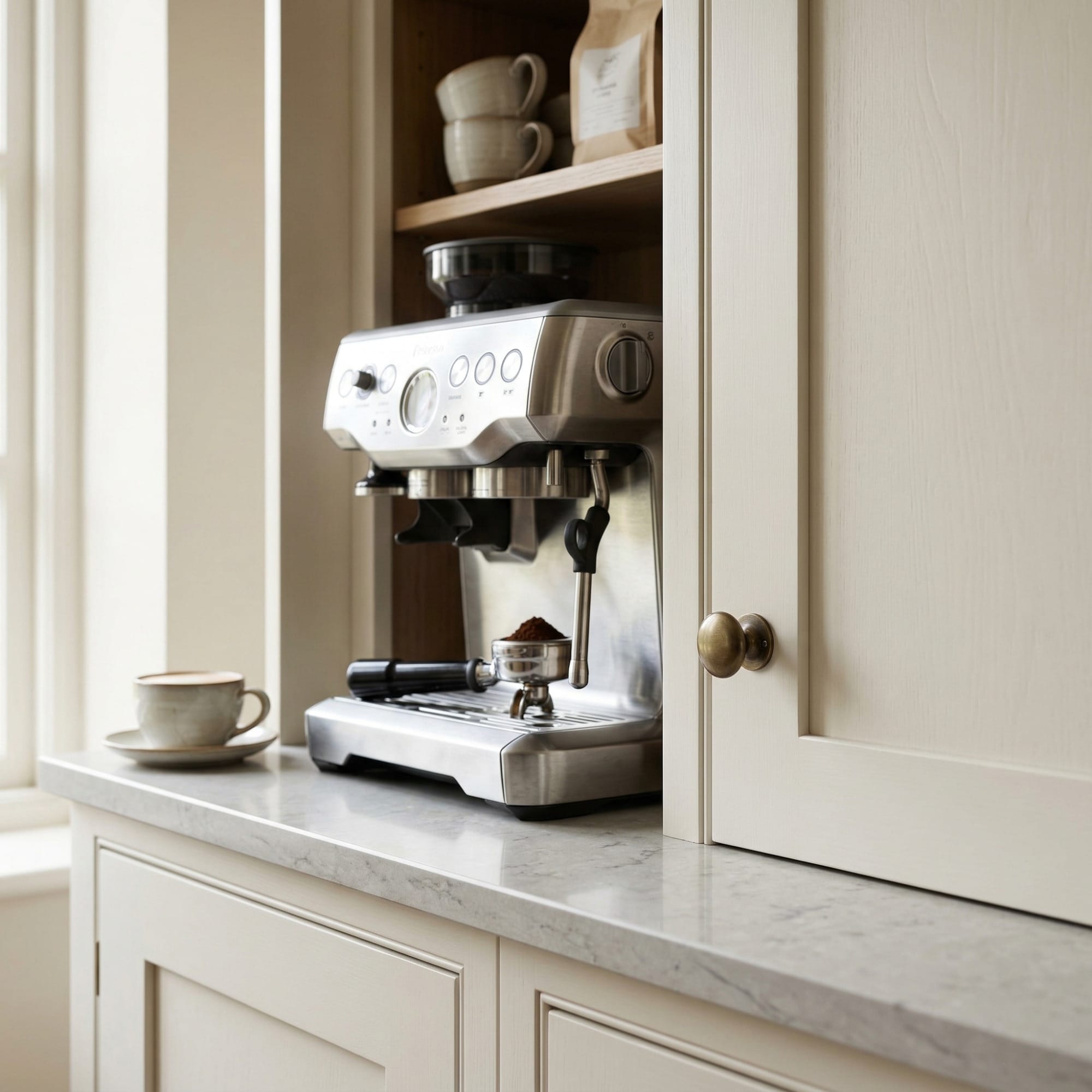 Close-up kitchen detail showing crafted cabinetry, premium finishes and design-led joinery in a Mastercraft-inspired interior created to illustrate Planning a coffee station into your kitchen design