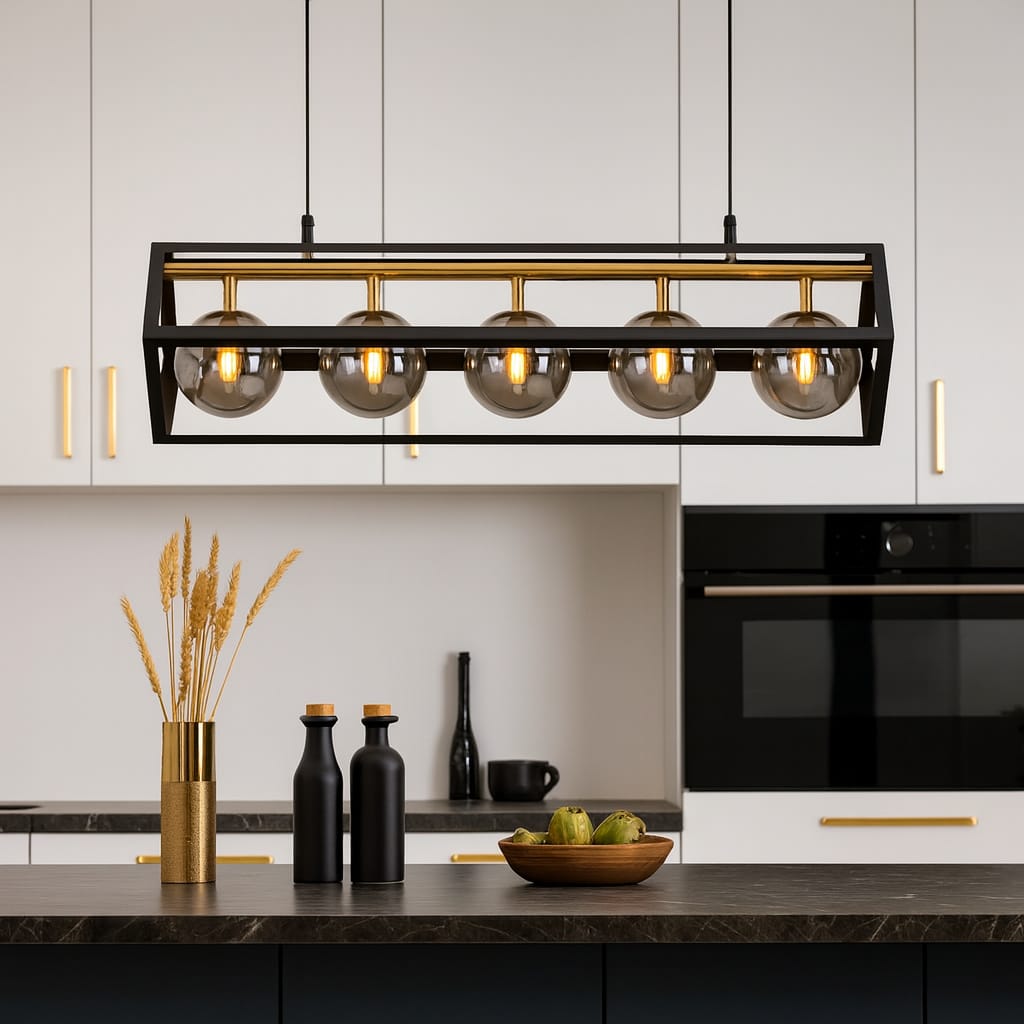 Black and brass five-light pendant fixture with smoked glass globes above a modern kitchen island with dark worktop and white cabinetry.