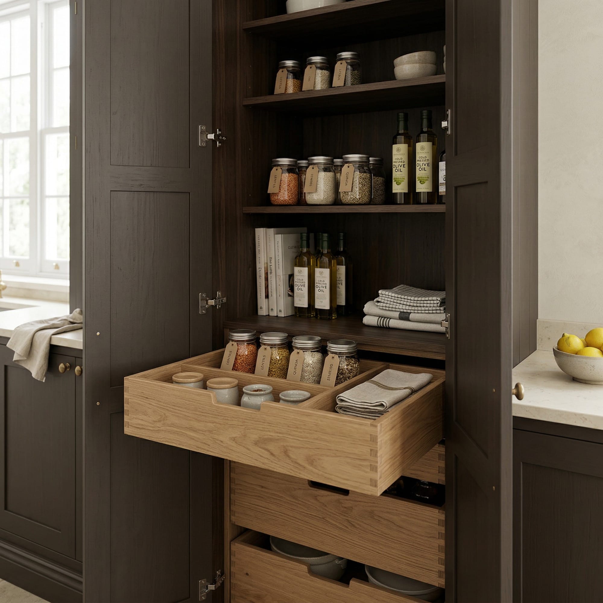 Close-up kitchen detail showing crafted cabinetry, premium finishes and design-led joinery in a Mastercraft-inspired interior created to illustrate How to get serious storage from a small kitchen