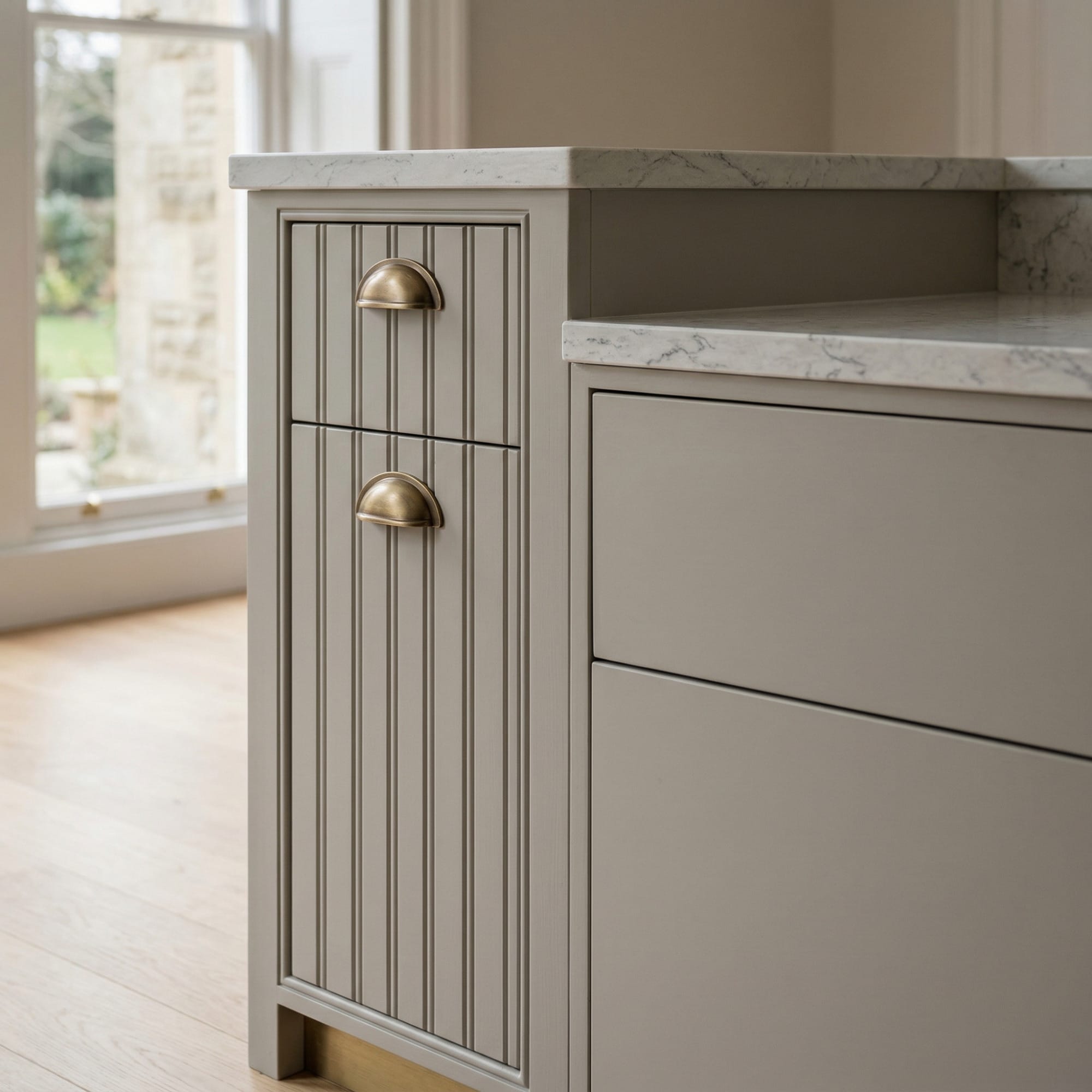 Close-up kitchen detail showing crafted cabinetry, premium finishes and design-led joinery in a Mastercraft-inspired interior created to illustrate Beyond shaker: why grooved and beaded cabinet doors are worth considering