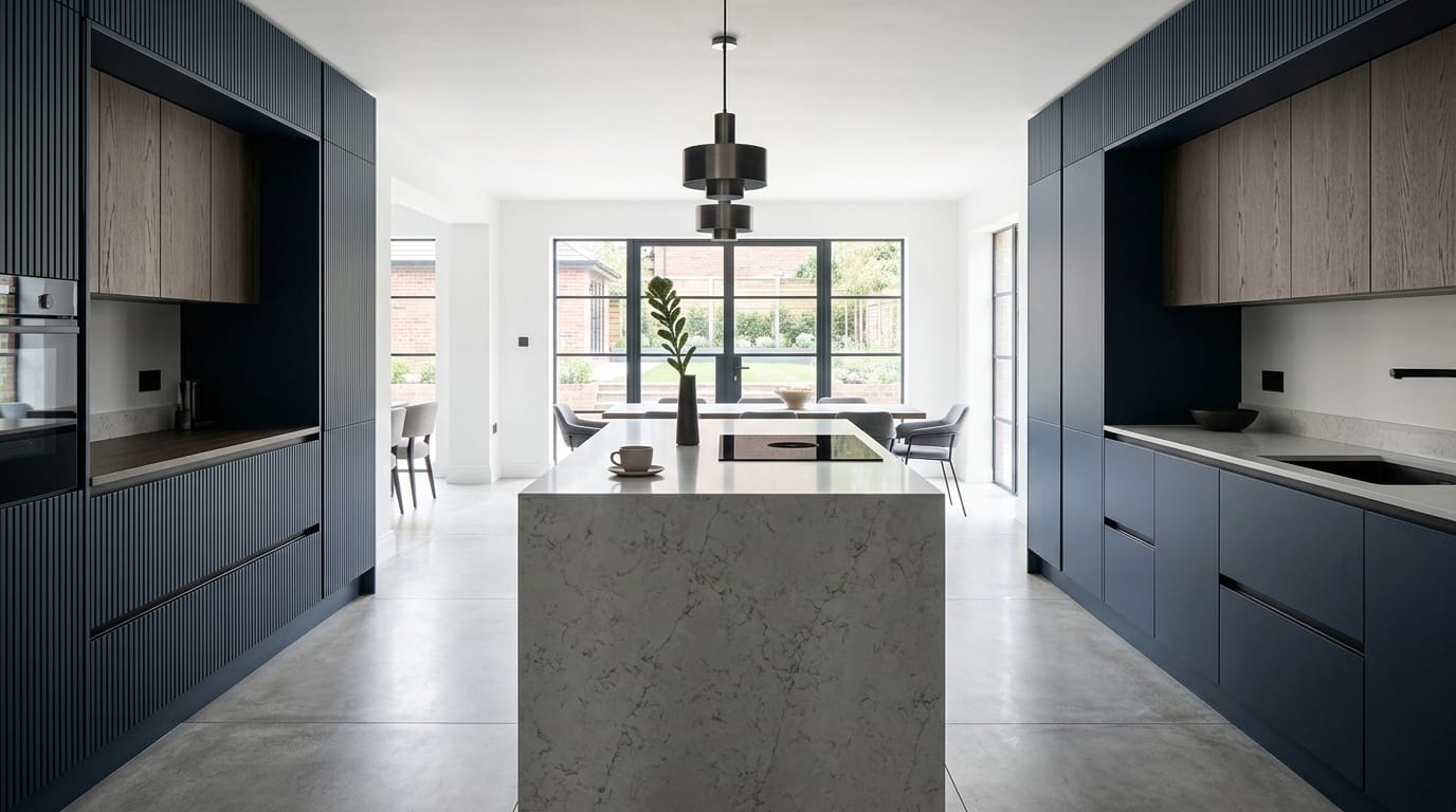 Mastercraft bespoke kitchen in Malpas, wide architectural view showing room volume and design quality